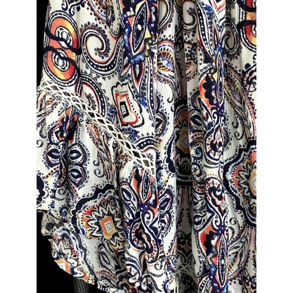 Fever Boho Style Tunic Top Women's Size Small Blue Orange Crochet Lace Inset Sle - Picture 3 of 6